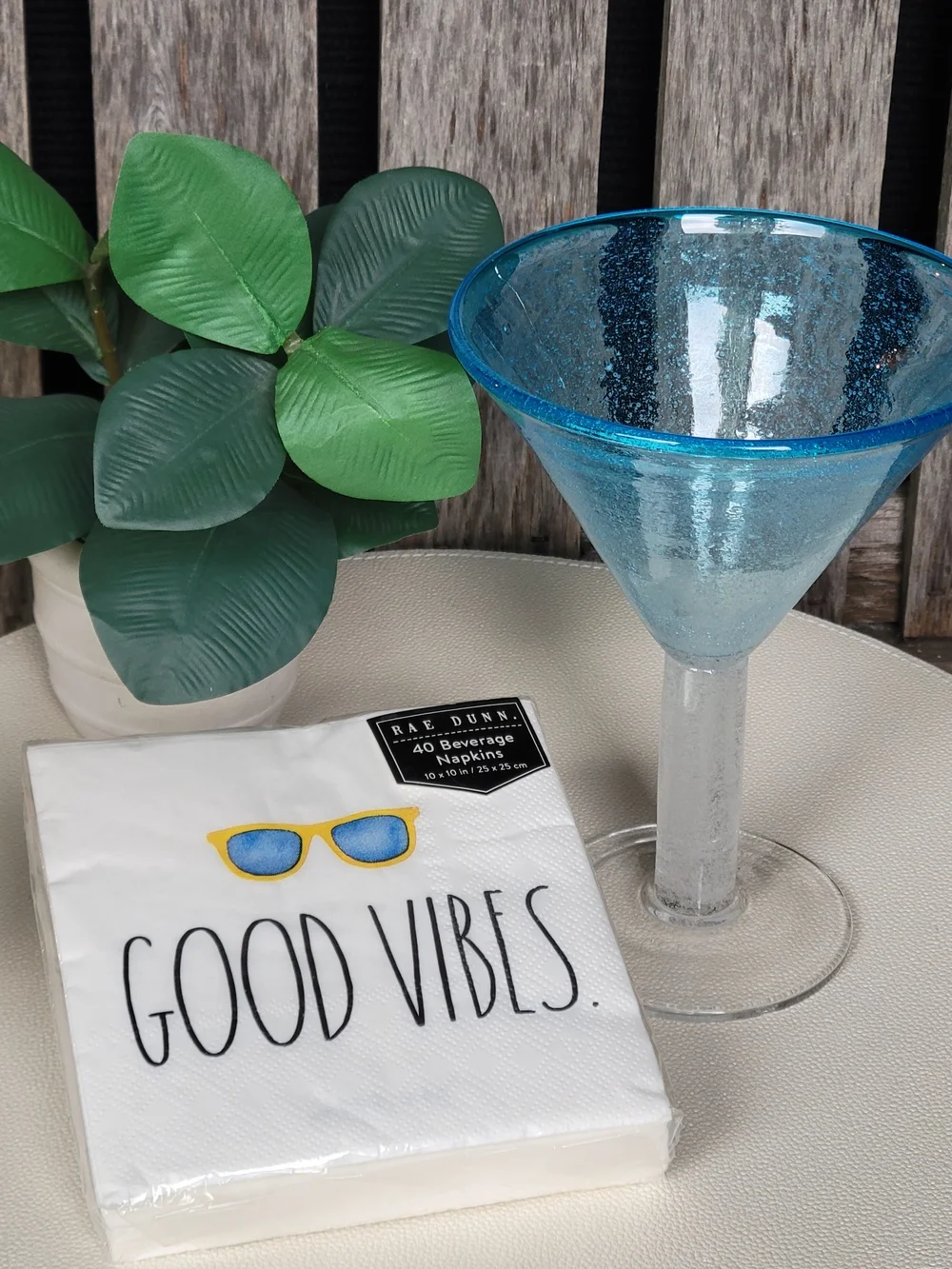 Blue Rim Glass Martini Glass & Rae Dunn Good Vibes Cocktail Napkins